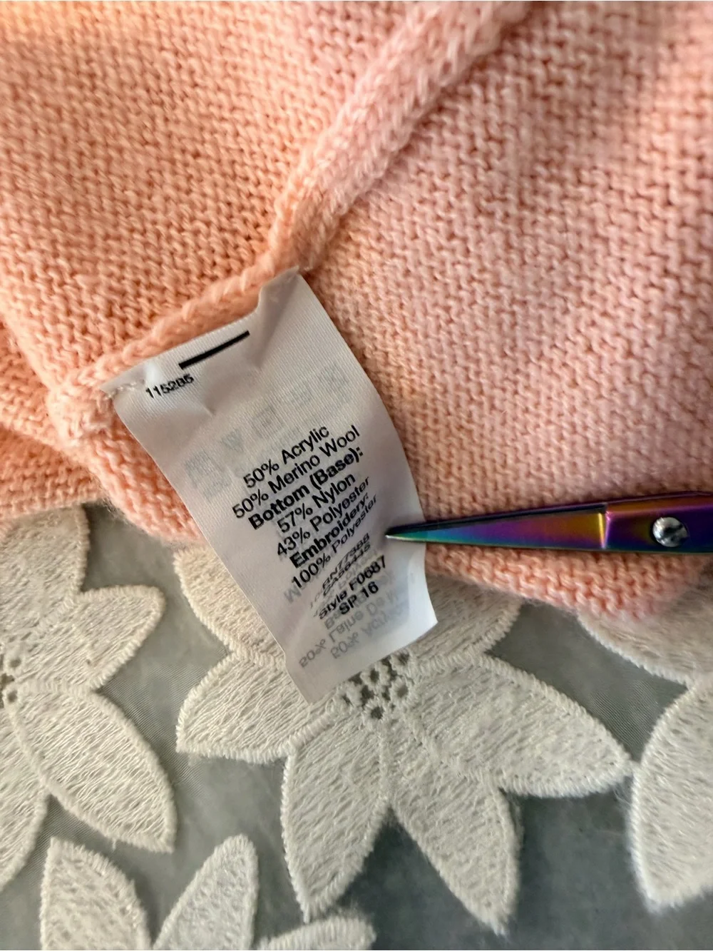 J.Crew Size M Peach Knit Sweater w Floral Lace Hem Merino Wool Blend 3/4 Sleeve